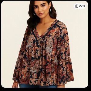 Avenue Sz 14-16 Fall Print‎ Blouse Bell Sleeve V-Neck Top Plus Size 14/16